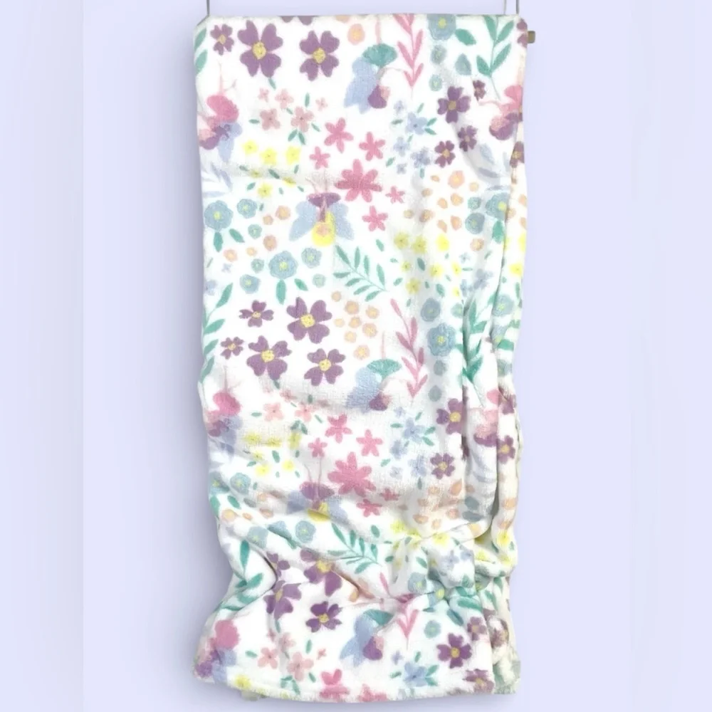 Fairies & Flowers White w/Multi-Color Plush Throw Blanket 50x60 Fairy Floral NWT